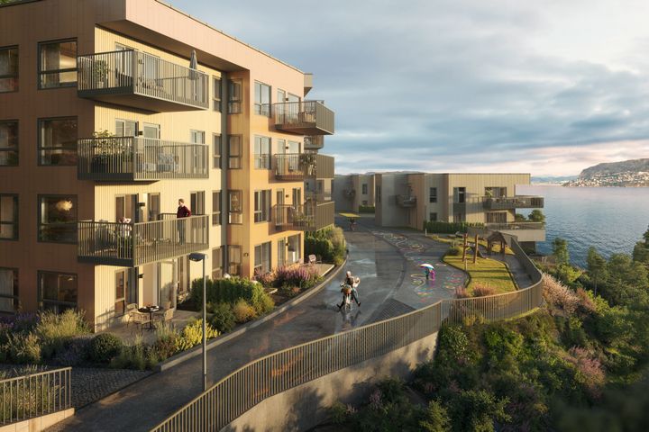 Prosjektet ligger ytterst på Skarpaneset i Florvåg, med panoramautsikt over Byfjorden og inn mot Bergen sentrum.