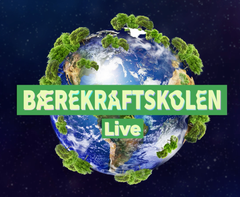 Illustrasjon av planeten Jorden med grønne trær som vokser fra overflaten. Tekst: "Bærekraftskolen Live".