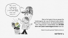Tegning av en ung gutt med caps og halvlangt hår som kaster et rømmebeger med muggent innhold i restavfallet. Gutten skjærer en grimase og i snakkeboblen står det "Nei fy, her gå grensa..."