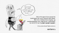 Tegning av en eldre herremann som kaster et tacosausglass i restavfallet. Mannen ser seg skyldig over skulderen og sier i en snakkeboble: "Trenger vel ikke kildesortere ALT når jeg kjører el-bil..."