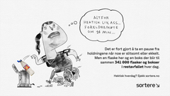 Tegning av en kvinne i treningstøy ser på sportsklokka hun har på armen, mens to skrikende barn henger rundt føttene hennes. Hun ser stressa ut og kaster en brusflaske i restavfallet. I snakkeboblen hennes står det "Altfor hektisk liv ass...Foreldremøte om 14 min..."