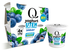 Q Yoghurt UTEN, Blåbær En fløyelsmyk yoghurt med ren og frisk blåbærsmak. Laktosefri, proteinrik, uten tilsatt sukker og kun naturlige sukkerarter fra melk og bær. 74 kcal per beger.