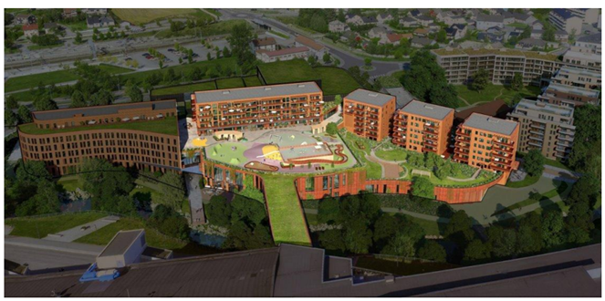 Byggetrinn 2 og 3 (uthevet), inneholder blant annet boliger, handelsarealer, næringsarealer, barnehage, kino, restauranter og parkeringsanlegg.