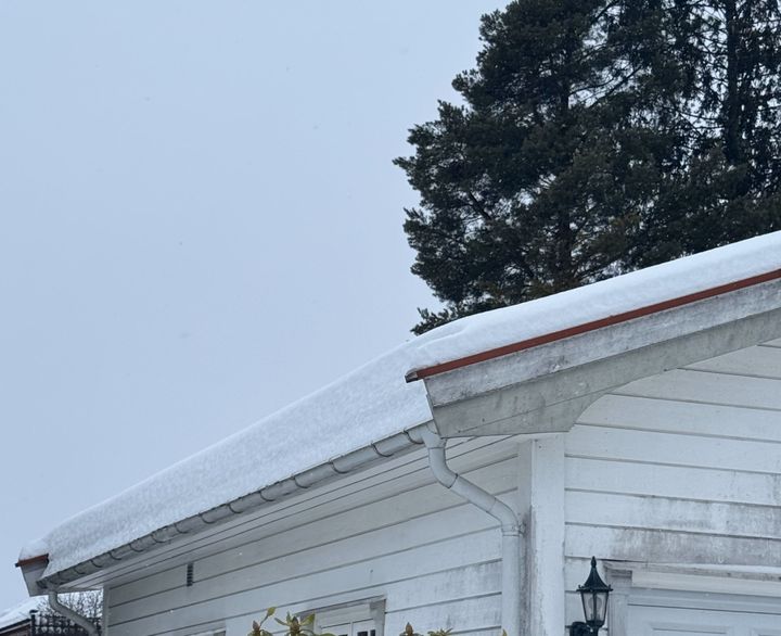 Hus med snø på taket med tre i bakgrunnen