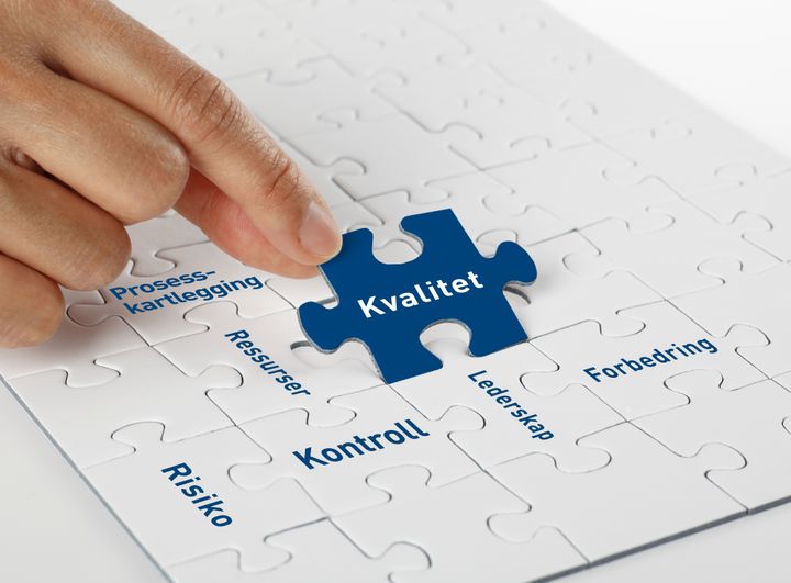 En hånd setter en puslespillbit merket "Kvalitet" på plass blant andre biter merket Risiko, Ressurser, Kontroll, Lederskap og Forbedring.