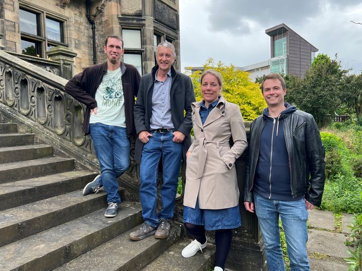 De samarbeider om lakselusforskning – fra venstre Diego Robledo (University of Edinburgh), Nick Robinson (Nofima), Anna Wargelius (Havforskningsinstituttet) og Erik Kjærner-Semb (Havforskningsinstituttet).