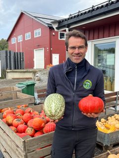 Bonden Ole Martin Tomter på Haneborg gård selger flere ulike typer gresskar. – I år har vi solgt gresskar for rundt kr 650.000,-, og vi kunne solgt langt mer hvis vi hadde produsert mer, forteller han.