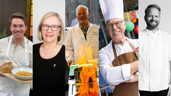 Finalistene til Ingrid Espelid Hovigs matkulturpris 2025. F.v. Christer Rødseth, Laila M. Berge, Geir-Rune Larsen, Einar Øverås og Tom Victor Gausdal.